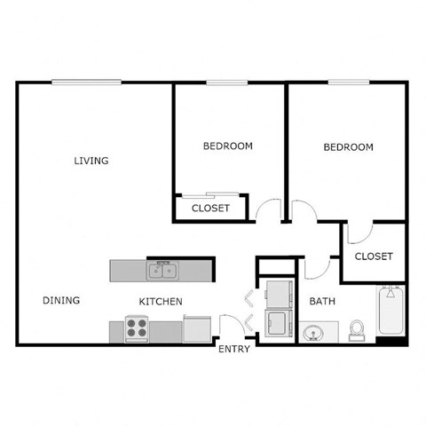 Floor plan for 2 beds, 1 bath, 900 sqft