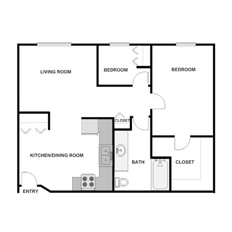 Floor plan for 2 beds, 1 bath, 900 sqft