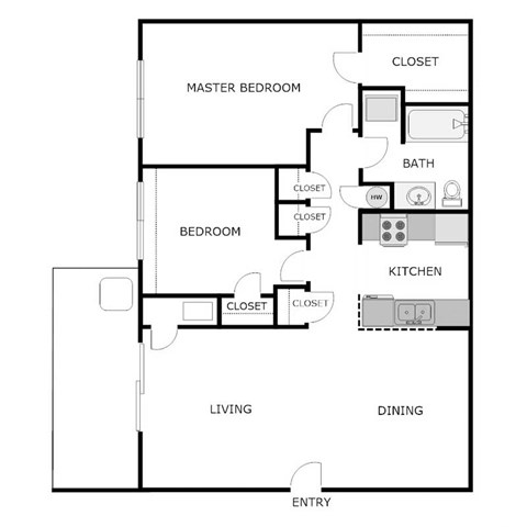 Floor plan for 2 beds, 1 bath, 896 sqft