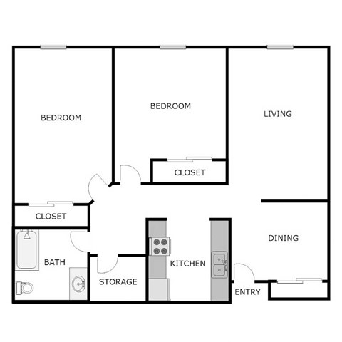 Floor plan for 2 beds, 1 bath, 900 sqft