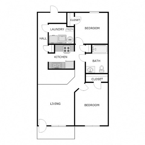 Floor plan for 2 beds, 1 bath, 910 sqft