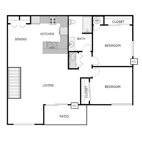 Floor plan for 2 beds, 1 bath, 1004 sqft