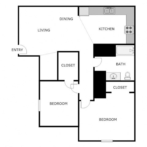 Floor plan for 2 beds, 1 bath, 916 sqft