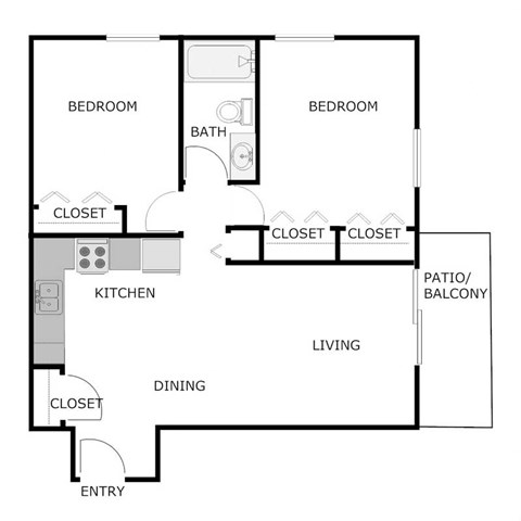 Floor plan for 2 beds, 1 bath, 962 sqft