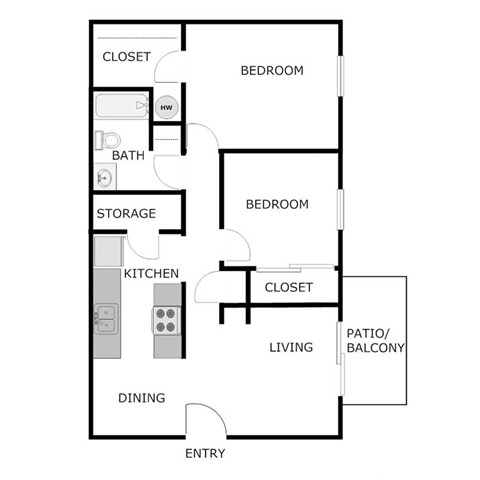 Floor plan for 2 beds, 1 bath, 935 sqft