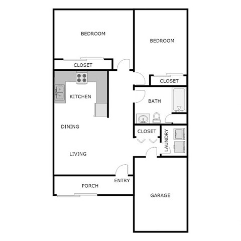 Floor plan for 2 beds, 1 bath, 953 sqft