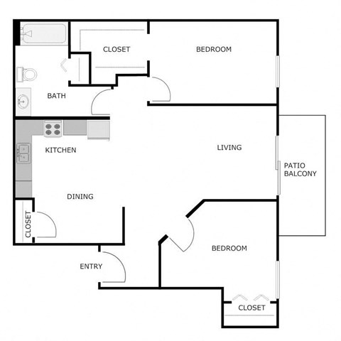 Floor plan for 2 beds, 1 bath, 962 sqft