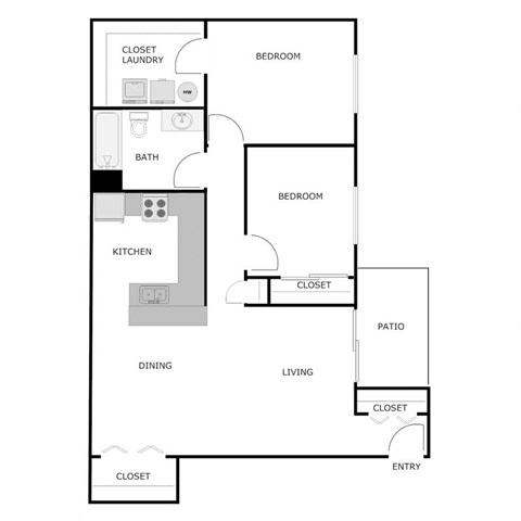 Floor plan for 2 beds, 1 bath, 970 sqft