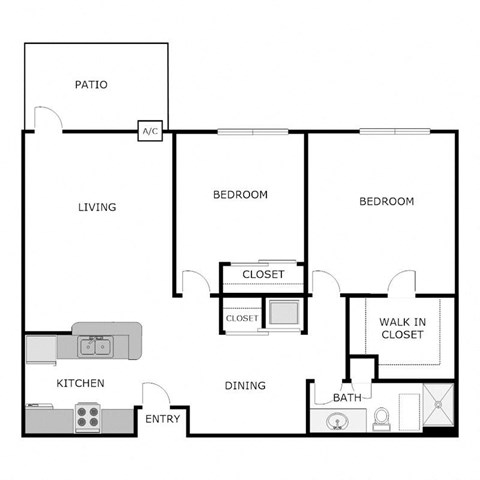 Floor plan for 2 beds, 1 bath, 986 sqft