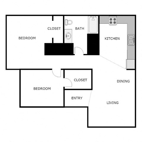 Floor plan for 2 beds, 1 bath, 916 sqft
