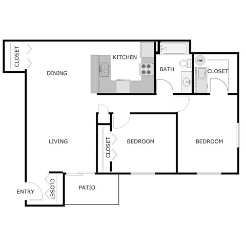 Floor plan for 2 beds, 1 bath, 1014 sqft