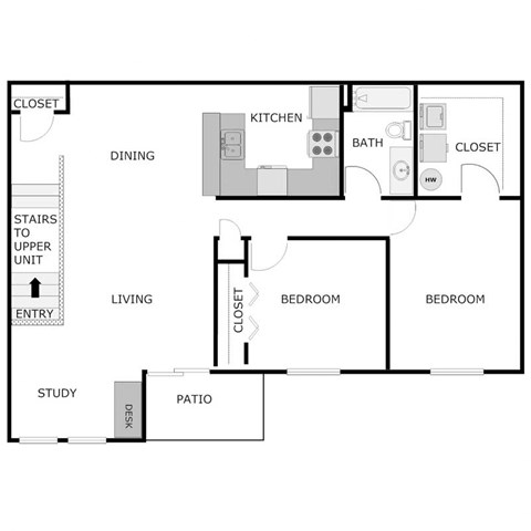 Floor plan for 2 beds, 1 bath, 1131 sqft