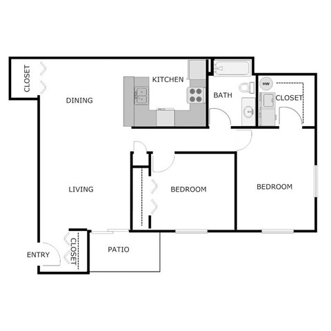 Floor plan for 2 beds, 1 bath, 1014 sqft