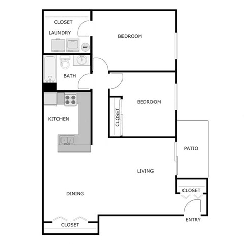 Floor plan for 2 beds, 1 bath, 1130 sqft