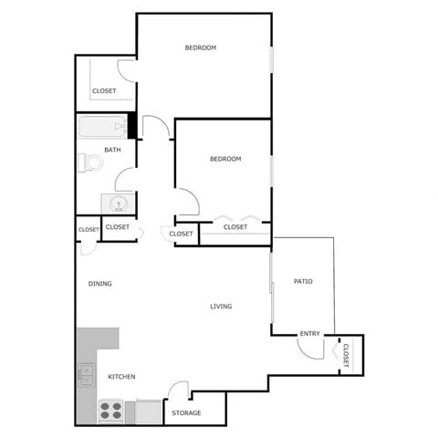 Floor plan for 2 beds, 1 bath, 900 sqft