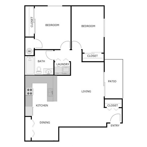 Floor plan for 2 beds, 1 bath, 982 sqft