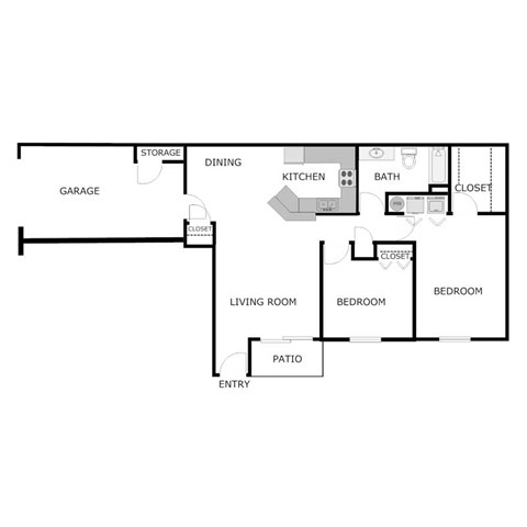 Floor plan for 2 beds, 1 bath, 1100 sqft