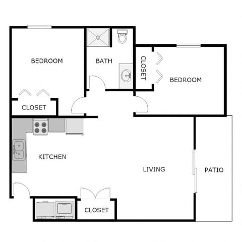 Floor plan for 2 beds, 1 bath, 1050 sqft