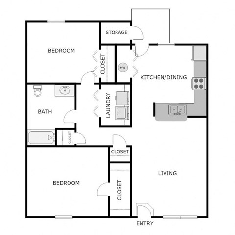 Floor plan for 2 beds, 1 bath, 1005 sqft
