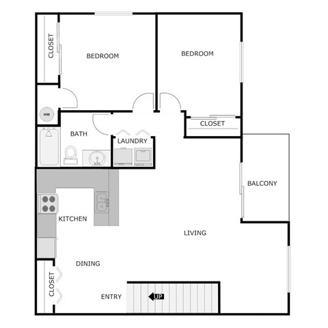 Floor plan for 2 beds, 1 bath, 1088 sqft