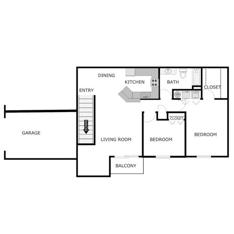 Floor plan for 2 beds, 1 bath, 1150 sqft