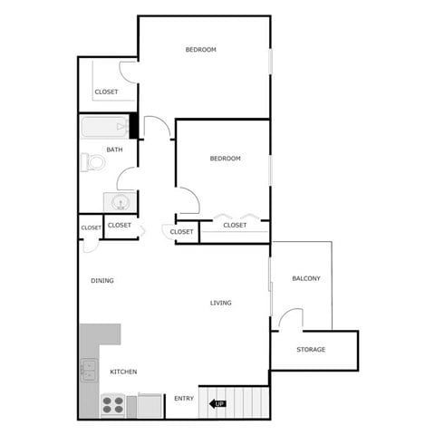 Floor plan for 2 beds, 1 bath, 900 sqft