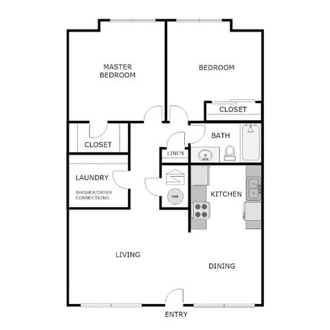 Floor plan for 2 beds, 1 bath, 930 sqft
