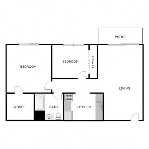 Floor plan for 2 beds, 1 bath, 792 sqft