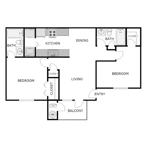 Floor plan for 2 beds, 2 baths, 943 sqft