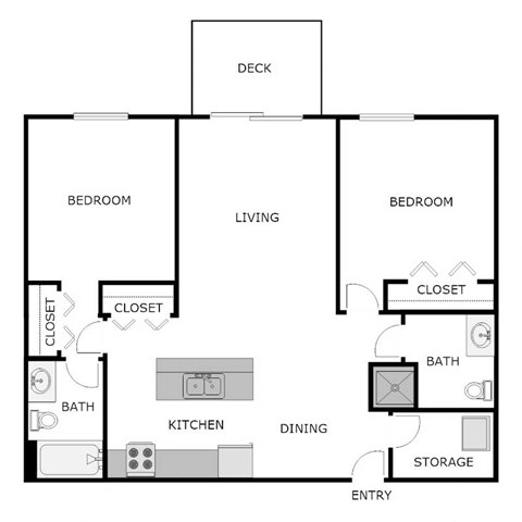 Floor plan for 2 beds, 2 baths, 1075 sqft