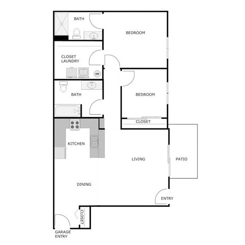 Floor plan for 2 beds, 2 baths, 1067 sqft