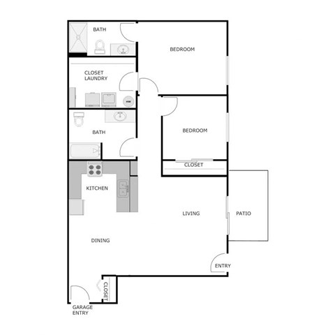 Floor plan for 2 beds, 2 baths, 1067 sqft
