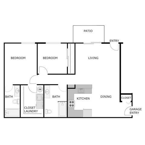 Floor plan for 2 beds, 2 baths, 1067 sqft