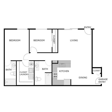 Floor plan for 2 beds, 2 baths, 1067 sqft