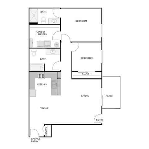 Floor plan for 2 beds, 2 baths, 1067 sqft