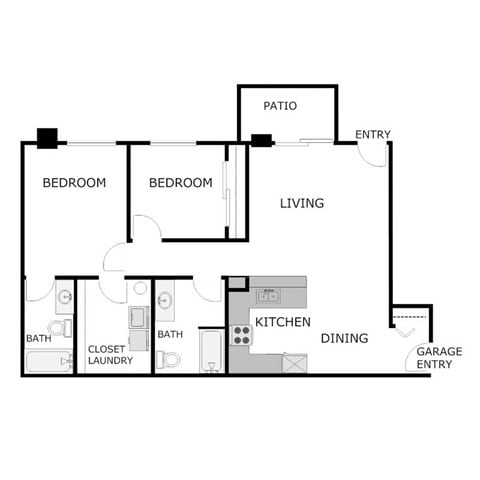 Floor plan for 2 beds, 2 baths, 1100 sqft