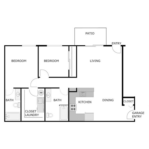 Floor plan for 2 beds, 2 baths, 1067 sqft