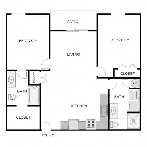 Floor plan for 2 beds, 2 baths, 1100 sqft