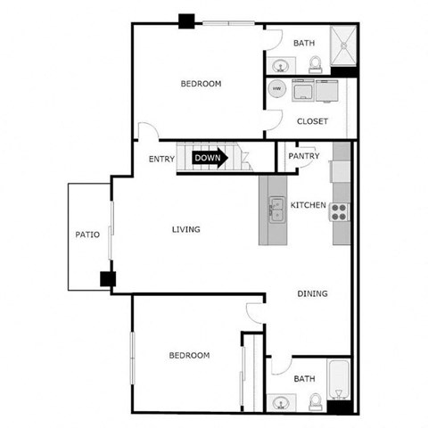 Floor plan for 2 beds, 2 baths, 1095 sqft