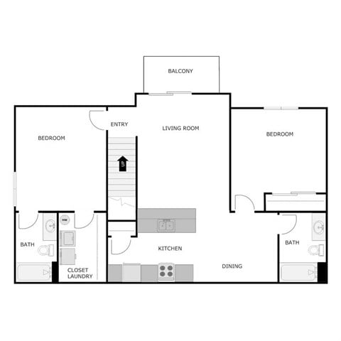 Floor plan for 2 beds, 2 baths, 1075 sqft
