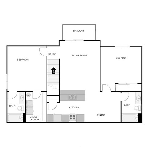 Floor plan for 2 beds, 2 baths, 1075 sqft