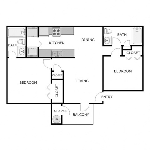 Floor plan for 2 beds, 2 baths, 921 sqft