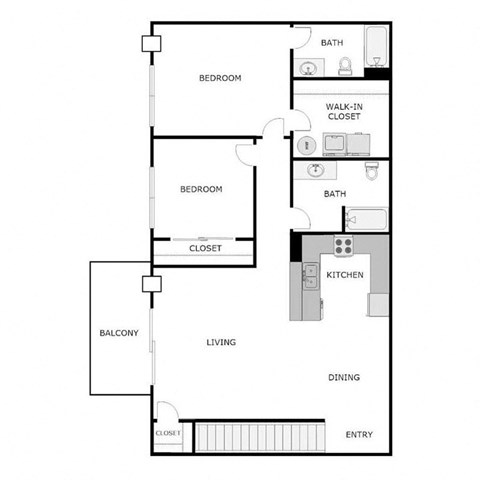 Floor plan for 2 beds, 2 baths, 1060 sqft