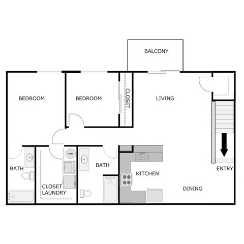 Floor plan for 2 beds, 2 baths, 1135 sqft