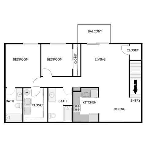 Floor plan for 2 beds, 2 baths, 1144 sqft