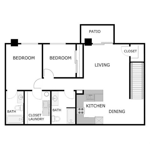 Floor plan for 2 beds, 2 baths, 1200 sqft