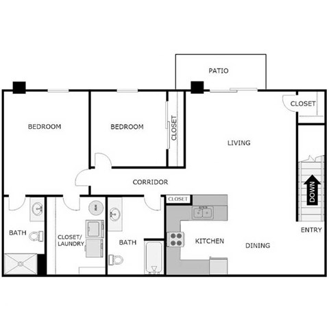 Floor plan for 2 beds, 2 baths, 1122 sqft