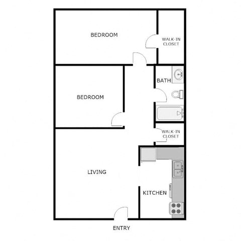 Floor plan for 2 beds, 1 bath, 960 sqft