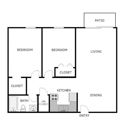 Floor plan for 2 beds, 1 bath, 850 sqft