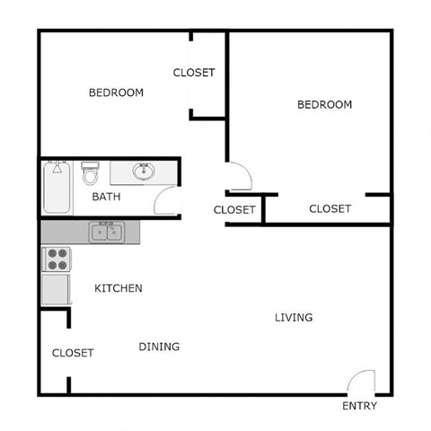 Floor plan for 2 beds, 1 bath, 850 sqft